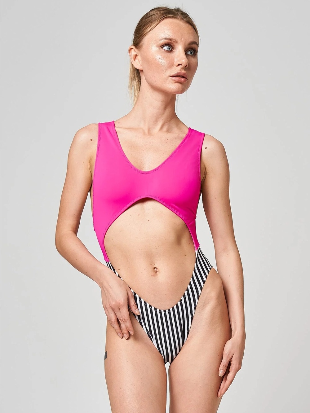 Hot Pink and Black-White Striped Cutout One-Piece Shark Pole Wear Bodysuit